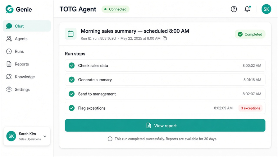 TOTG Agent run history