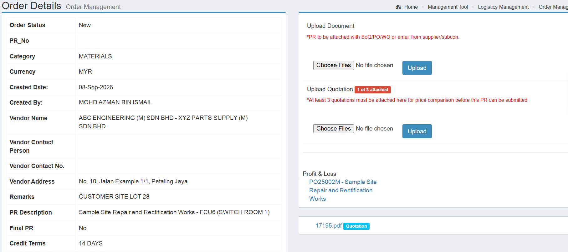 TOTG purchase request with quotation upload and project P&L link