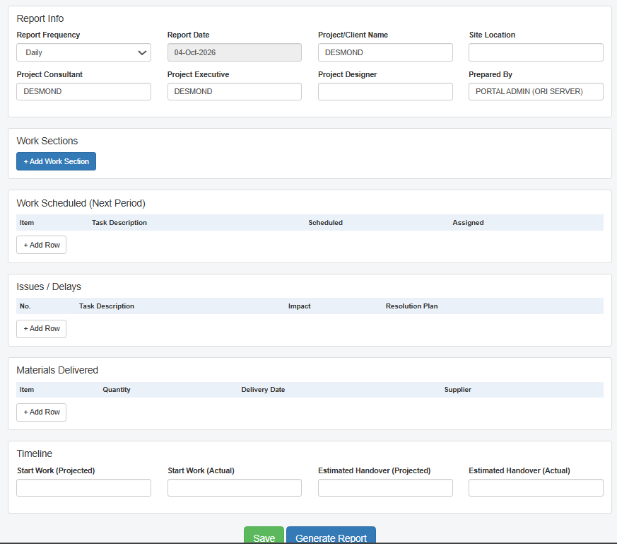 TOTG site report form: report info, work sections, issues, materials and timeline